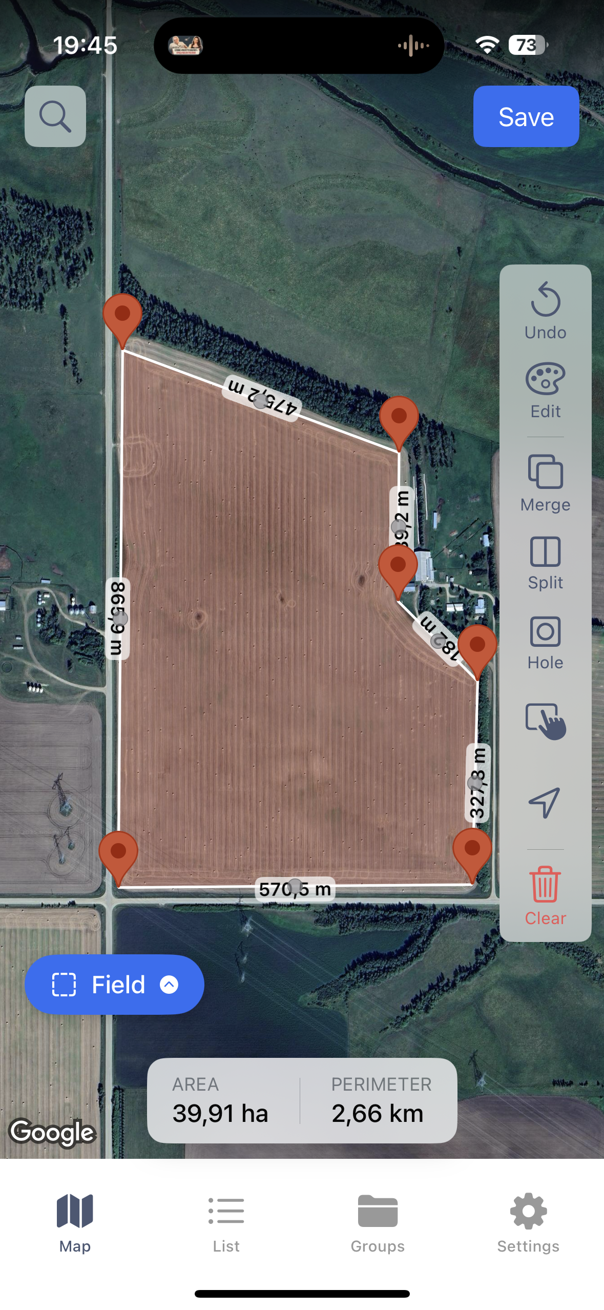 LandLens map interface showing area measurement