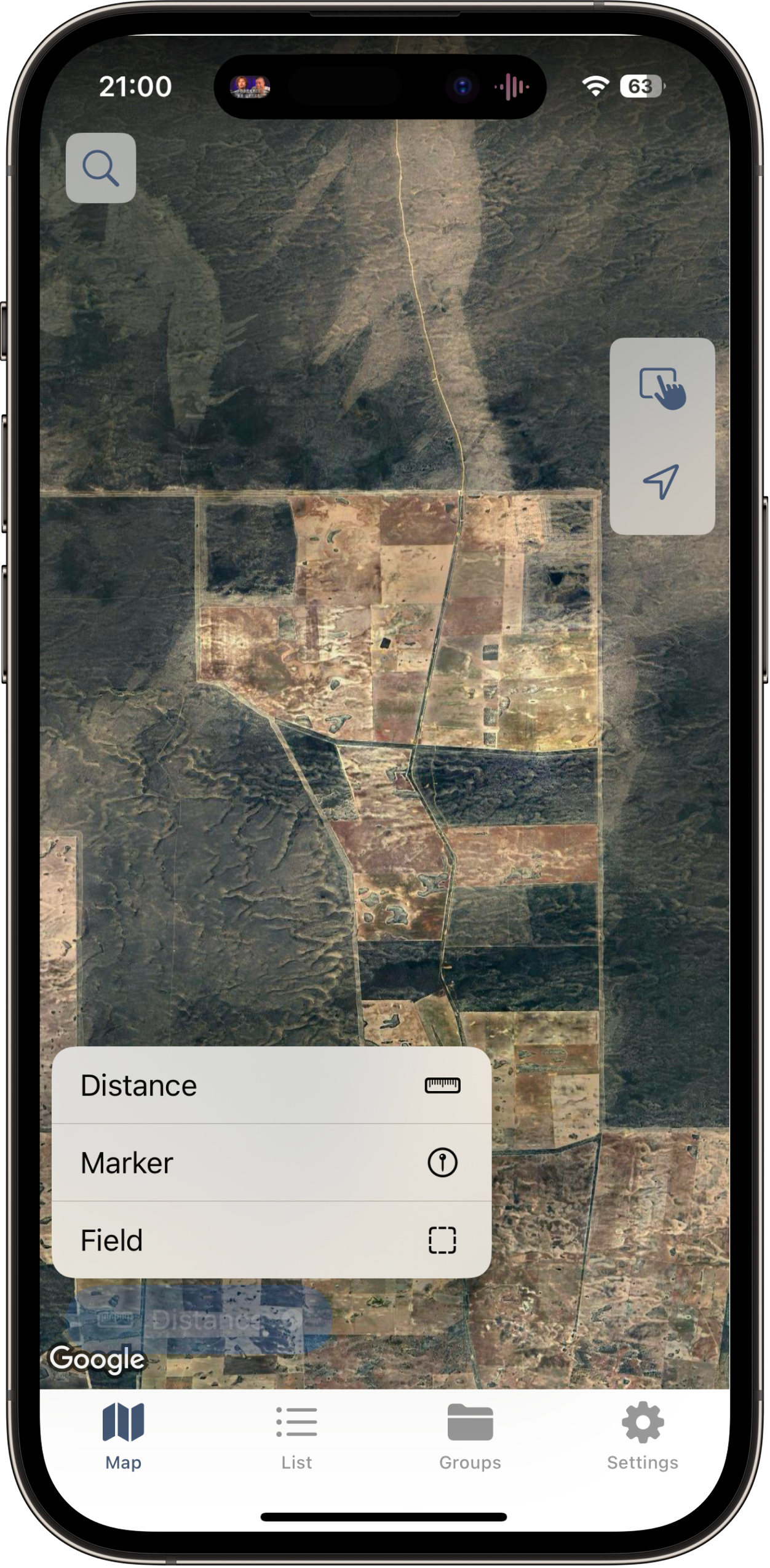 GPS field boundary measurement on satellite map
